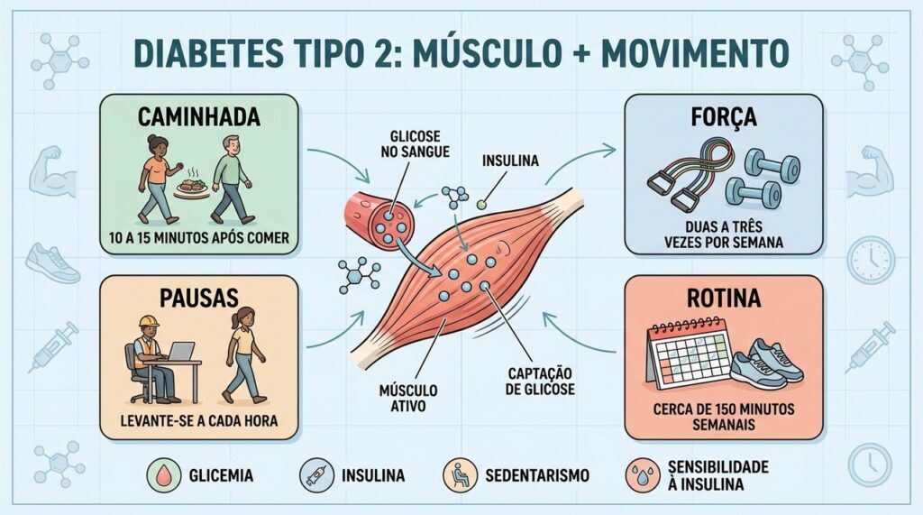 Quatro pilares mostram como caminhada, força, pausas e rotina ajudam no controle da glicose.