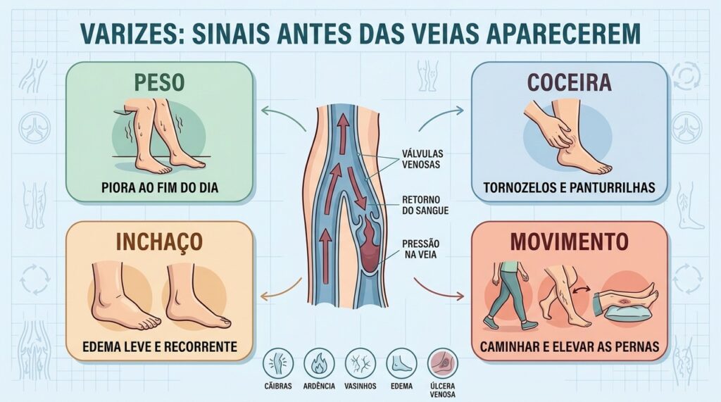 Peso, coceira, inchaço e movimento ajudam a reconhecer sinais iniciais de varizes.