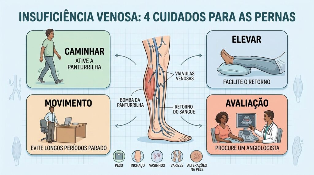 Caminhar, elevar as pernas, movimentar-se e avaliar ajudam no retorno venoso.