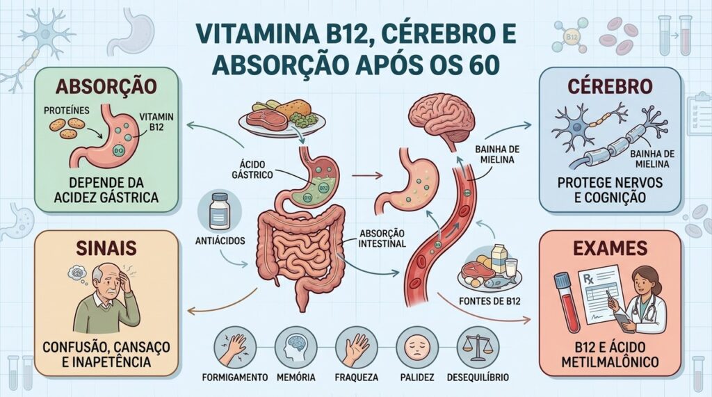 Absorção gástrica, sistema nervoso, sintomas e exames orientam a investigação da B12.