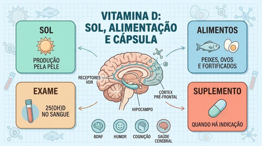 Sol, alimentos e suplementação orientada participam do equilíbrio da vitamina D no organismo.