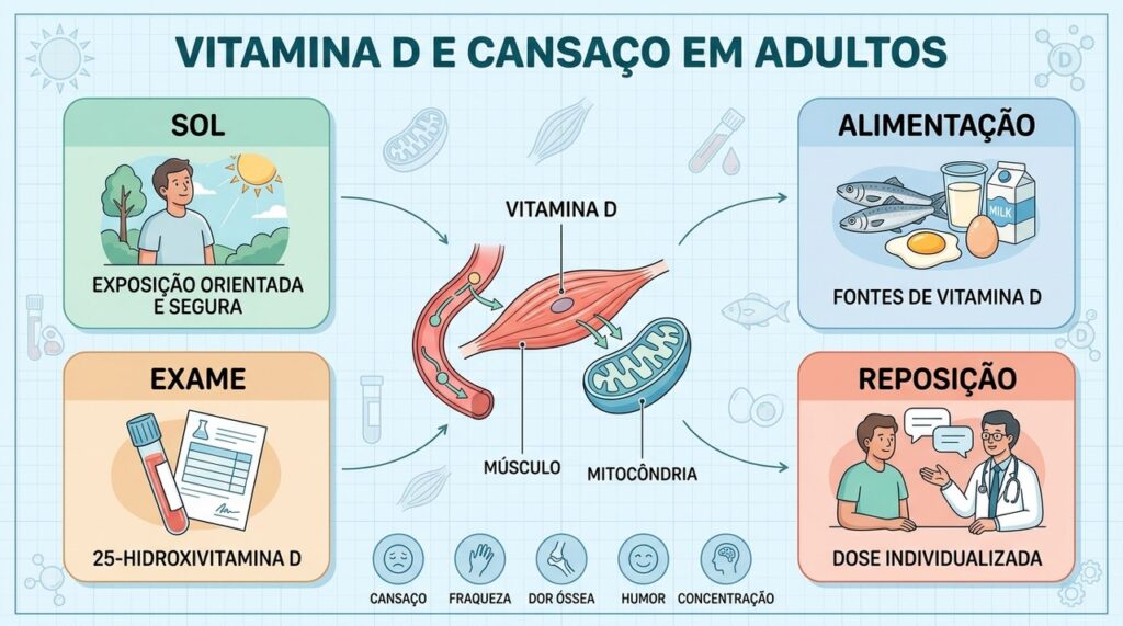 Vitamina D participa da função muscular, mas a reposição deve ser guiada por exames e orientação profissional.