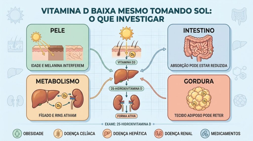 Pele, intestino, fígado, rins e gordura corporal influenciam os níveis de vitamina D.