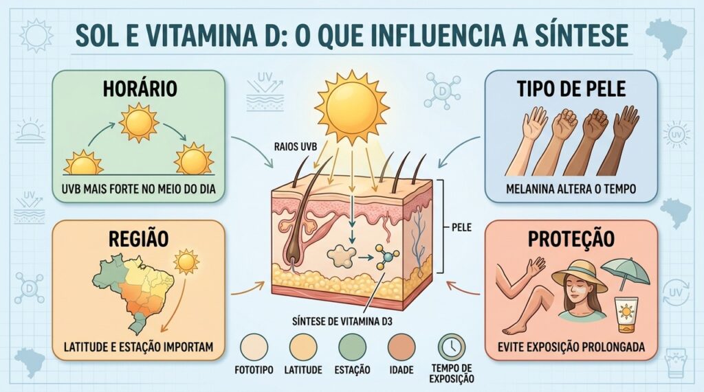 Horário, fototipo, latitude e proteção influenciam a síntese cutânea de vitamina D.