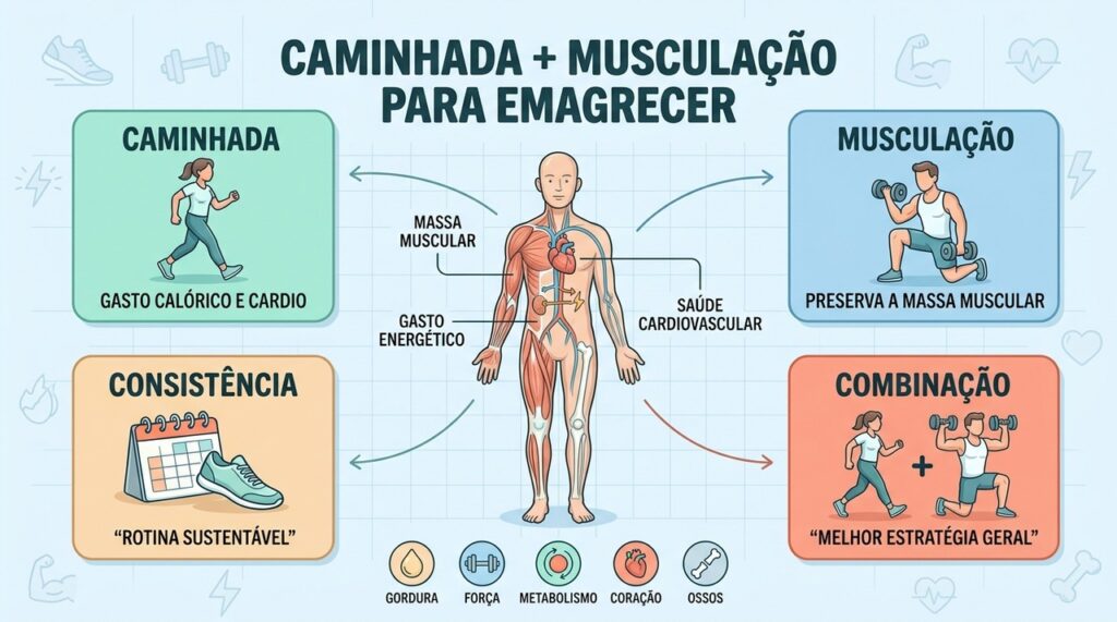 Caminhada e musculação combinam gasto energético, preservação muscular, força e saúde cardiovascular.