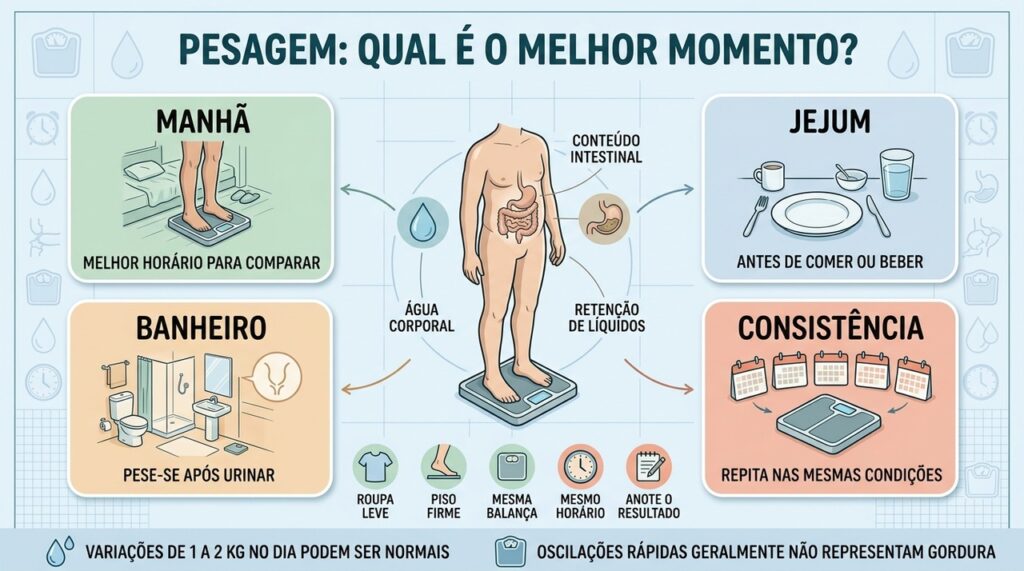 Manhã, jejum, banheiro e consistência tornam a pesagem mais confiável.