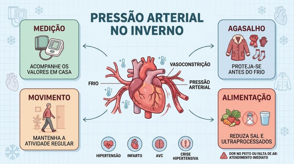 Medição, proteção contra o frio, movimento e alimentação ajudam a cuidar da pressão no inverno.