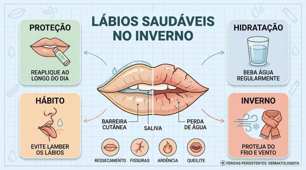 Proteção, hidratação e menos contato com saliva ajudam a prevenir lábios rachados no inverno.