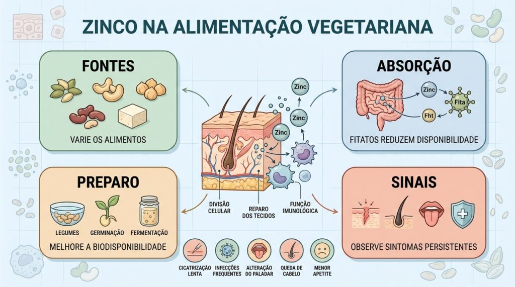 Fontes vegetais, preparo e absorção influenciam o aproveitamento do zinco.