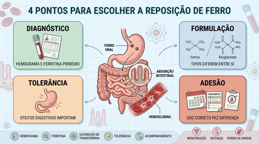 Diagnóstico, formulação, tolerância e adesão orientam a escolha do ferro mais adequado.