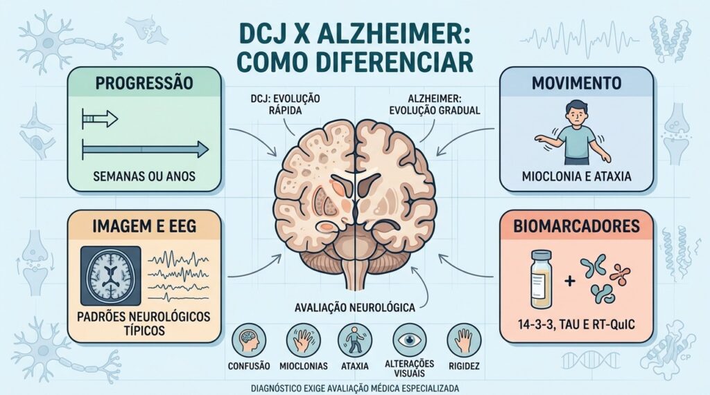 Progressão, sintomas motores, exames e biomarcadores ajudam a diferenciar DCJ e Alzheimer.
