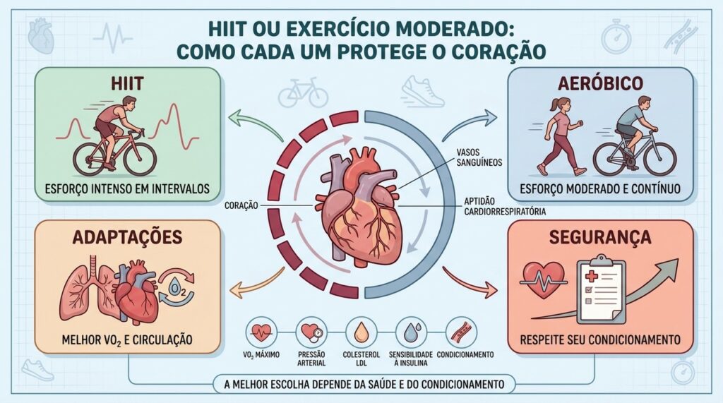 HIIT e exercício moderado protegem o coração por adaptações cardiovasculares complementares.