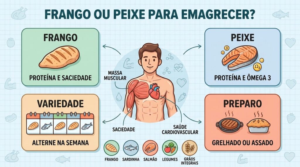 Frango e peixe ajudam na saciedade e preservação muscular, com benefícios nutricionais diferentes.