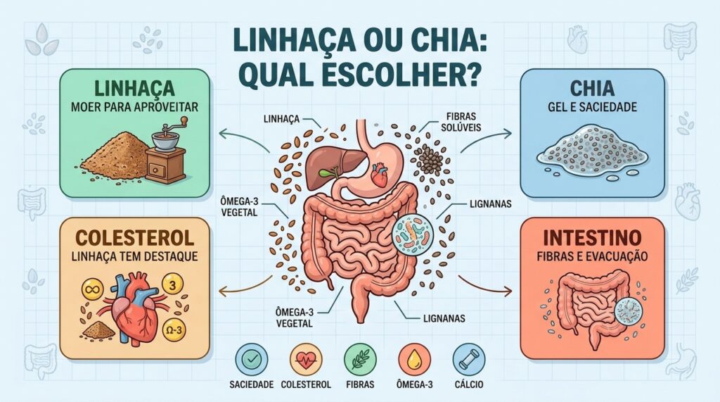 Linhaça e chia se complementam com fibras, ômega-3, lignanas e efeitos sobre a saciedade.