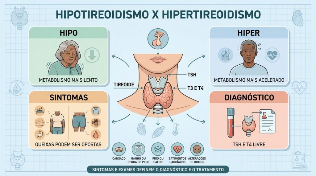 Metabolismo, sintomas e exames diferenciam hipotireoidismo de hipertireoidismo com segurança.