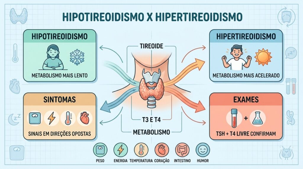 Peso, energia, temperatura e coração revelam sinais opostos das alterações da tireoide.