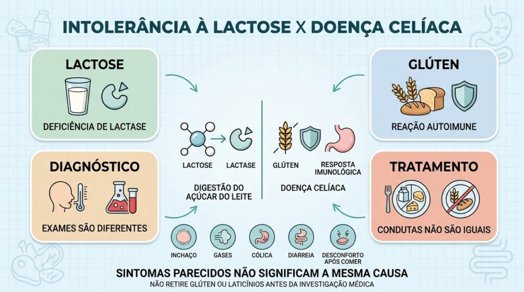 Lactose e doença celíaca diferem em causa, diagnóstico e tratamento.