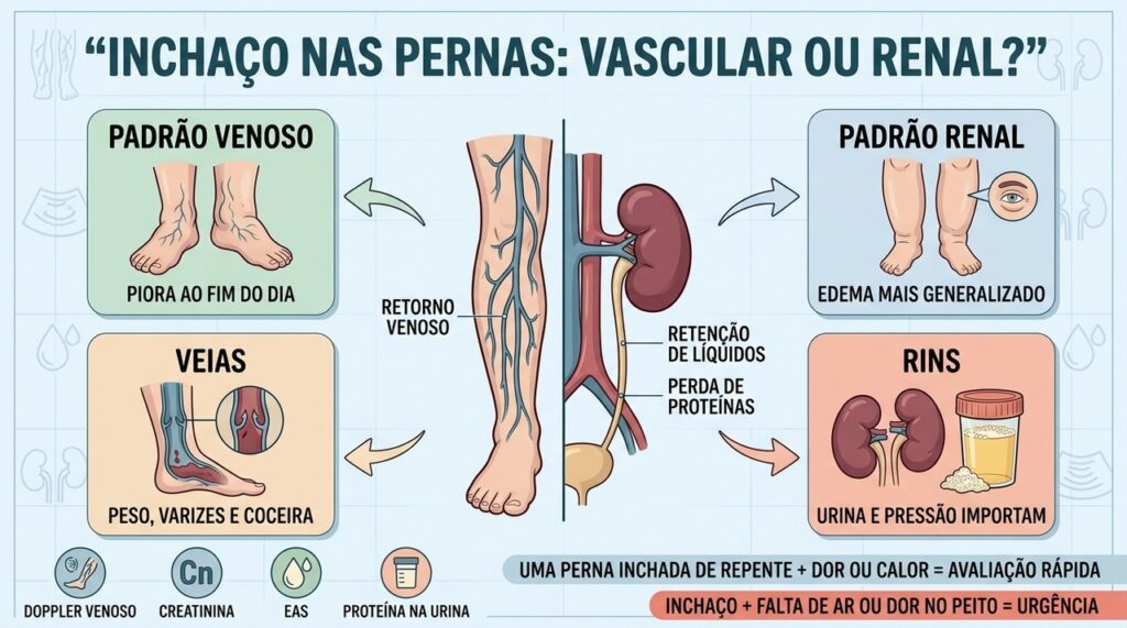 Varizes, padrão bilateral, urina e exames ajudam a orientar a investigação do edema.