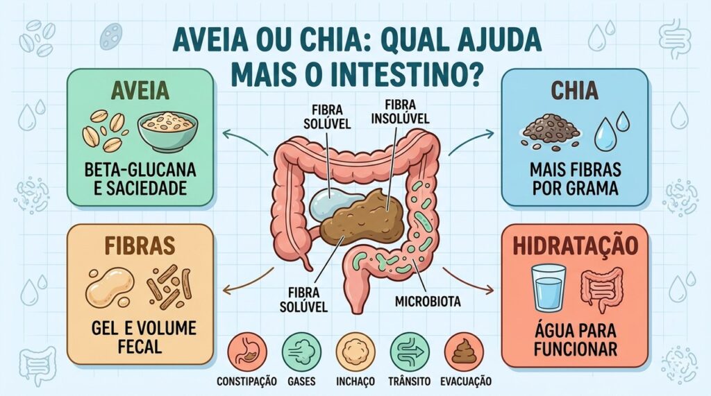 Fibras, hidratação e microbiota explicam como aveia e chia favorecem o funcionamento intestinal.