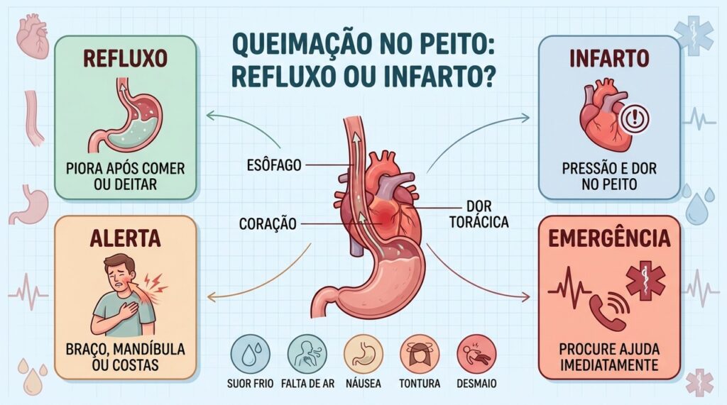 Refluxo e infarto podem compartilhar sintomas, mas sinais cardíacos exigem atendimento de emergência.