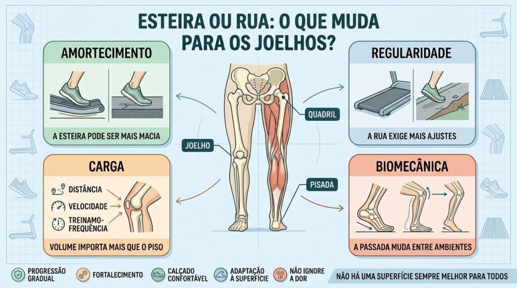 Amortecimento, regularidade, carga e biomecânica determinam como cada corrida afeta os joelhos.