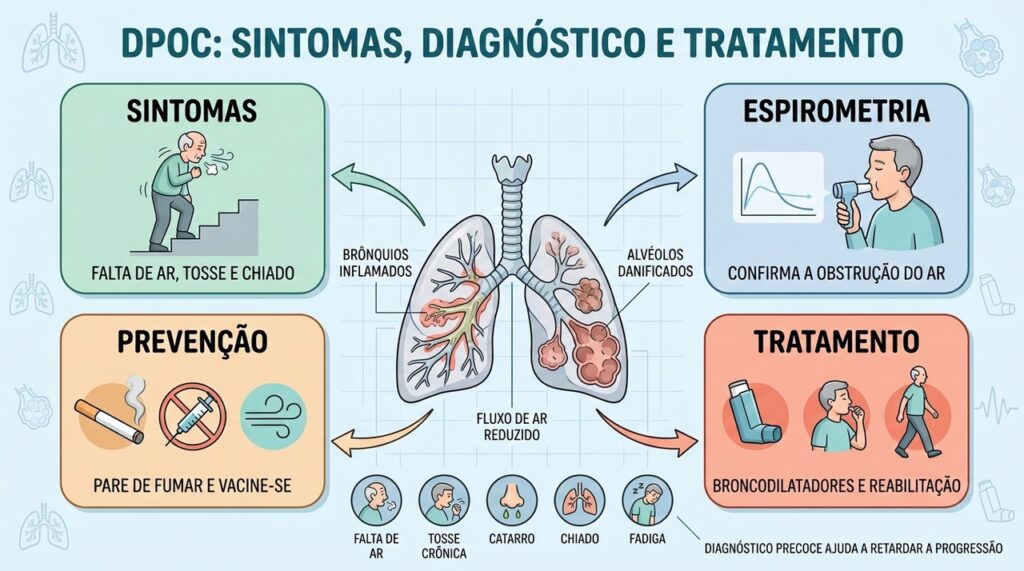 Sintomas, espirometria, prevenção e tratamento ajudam a controlar a progressão da DPOC.