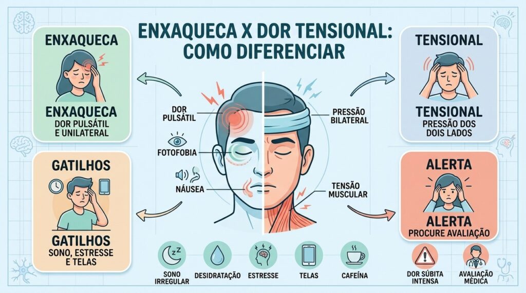 Localização, intensidade, sintomas e gatilhos ajudam a diferenciar enxaqueca de dor tensional.