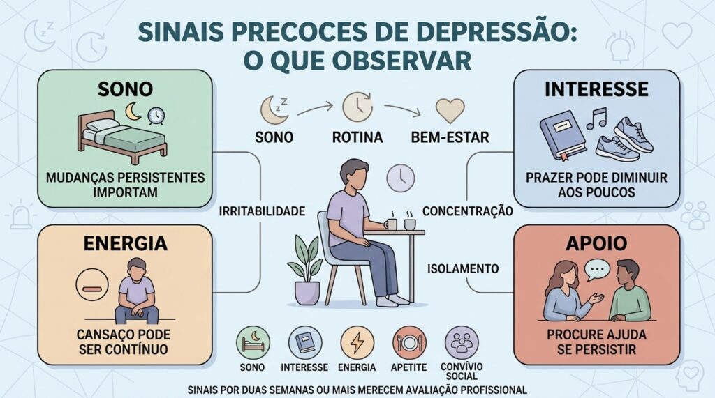 Sono, interesse, energia e convívio ajudam a reconhecer mudanças emocionais persistentes.