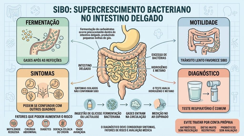 Fermentação precoce, gases e fatores de risco ajudam a investigar possíveis casos de SIBO.