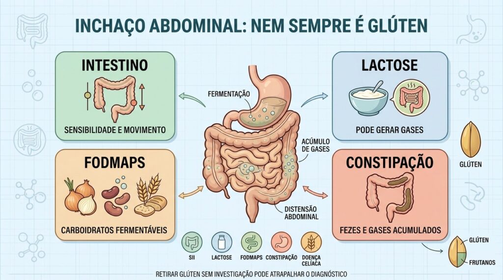 SII, lactose, FODMAPs e constipação estão entre causas comuns de distensão abdominal.