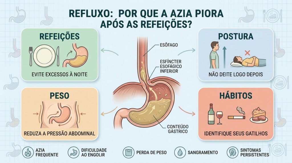 Refeições, postura, peso e hábitos influenciam a frequência dos sintomas de refluxo.