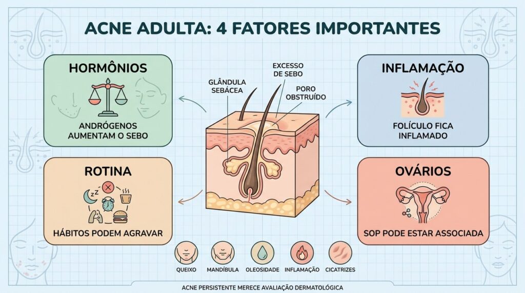 Hormônios, inflamação, rotina e ovários policísticos ajudam a explicar a acne adulta.
