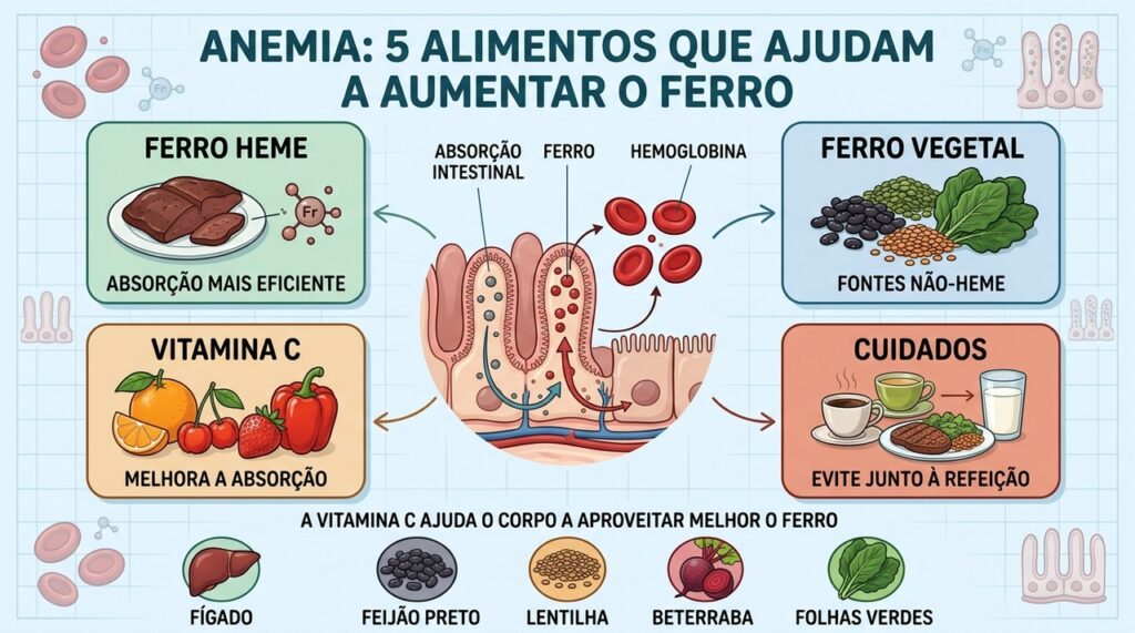 Ferro heme, fontes vegetais e vitamina C ajudam a melhorar a absorção.