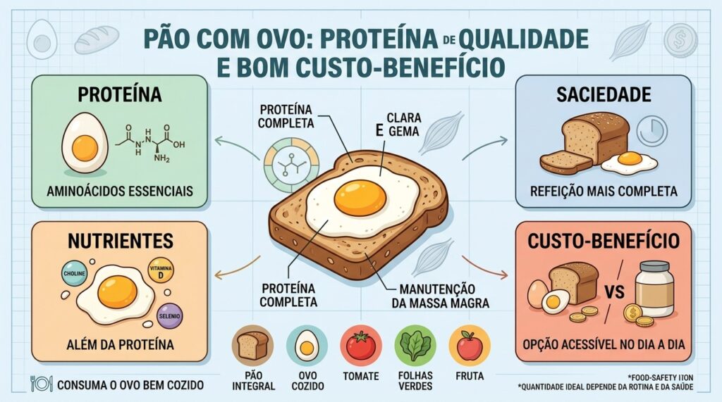 Proteína completa, saciedade, nutrientes e baixo custo tornam o pão com ovo uma opção equilibrada.
