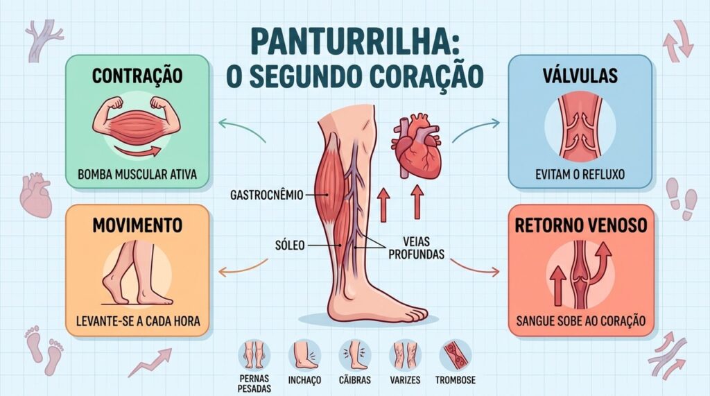 Movimento, válvulas venosas e contração muscular mantêm o retorno venoso funcionando.