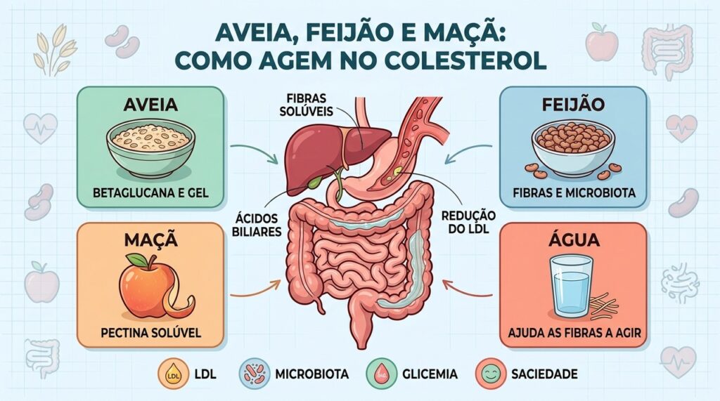 Betaglucana, pectina, fibras do feijão e hidratação atuam em diferentes etapas intestinais.