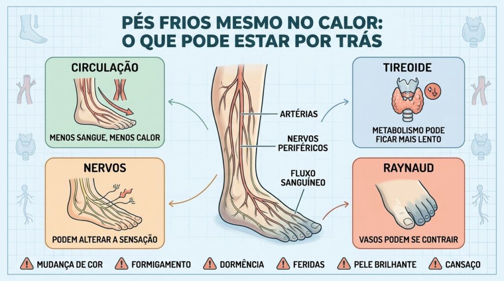 Circulação, tireoide, nervos e vasoespasmo ajudam a explicar pés frios persistentes.