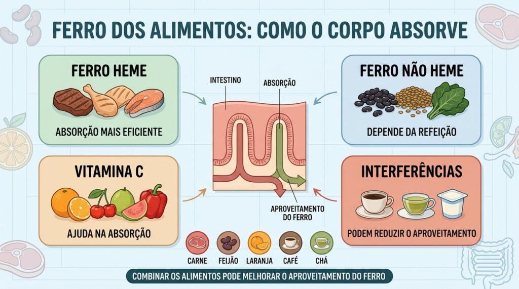 Ferro heme, ferro vegetal, vitamina C e interferências influenciam a absorção intestinal.