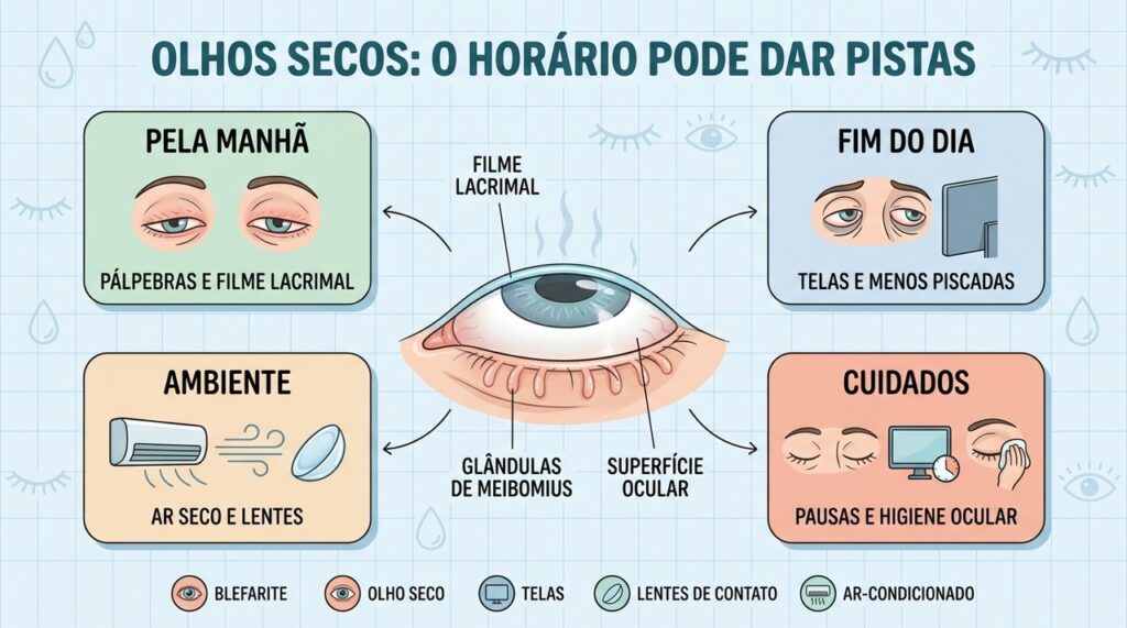 Horário, ambiente e hábitos ajudam a identificar diferentes causas de olhos secos.