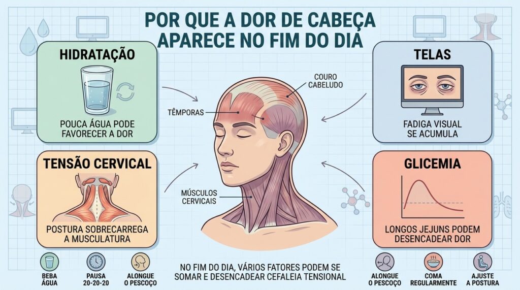 Hidratação, pausas visuais, postura e refeições regulares ajudam a prevenir cefaleias.