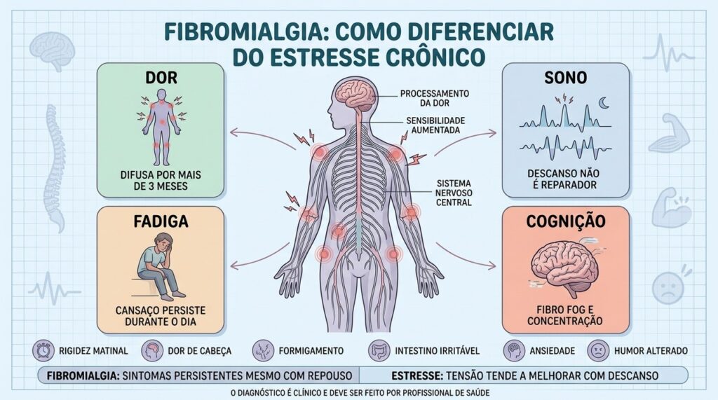 Dor, sono, fadiga e alterações cognitivas ajudam a reconhecer a fibromialgia.