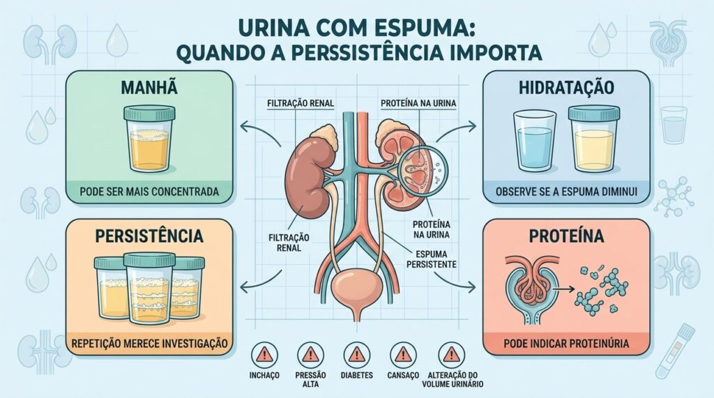 Manhã, hidratação, persistência e presença de proteína ajudam a interpretar a urina espumosa.