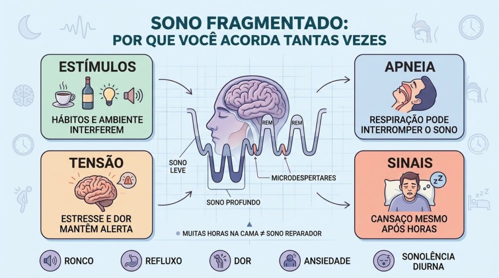 Apneia, estresse, dor e ambiente podem quebrar a continuidade dos ciclos do sono.