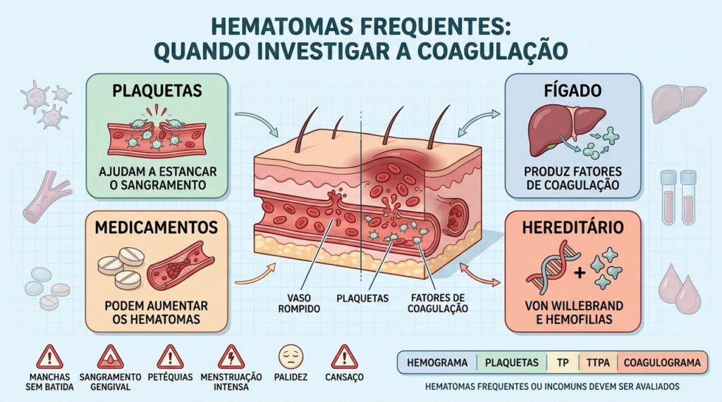 Plaquetas, fígado, medicamentos e fatores hereditários podem alterar a formação dos coágulos.