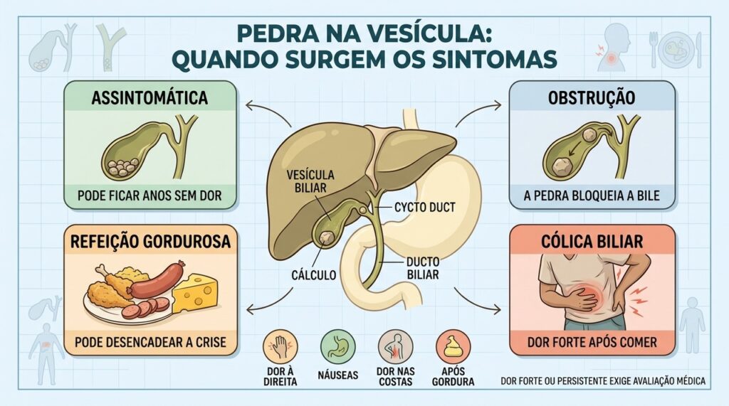 Obstrução do ducto, refeição gordurosa e dor típica explicam a cólica biliar.
