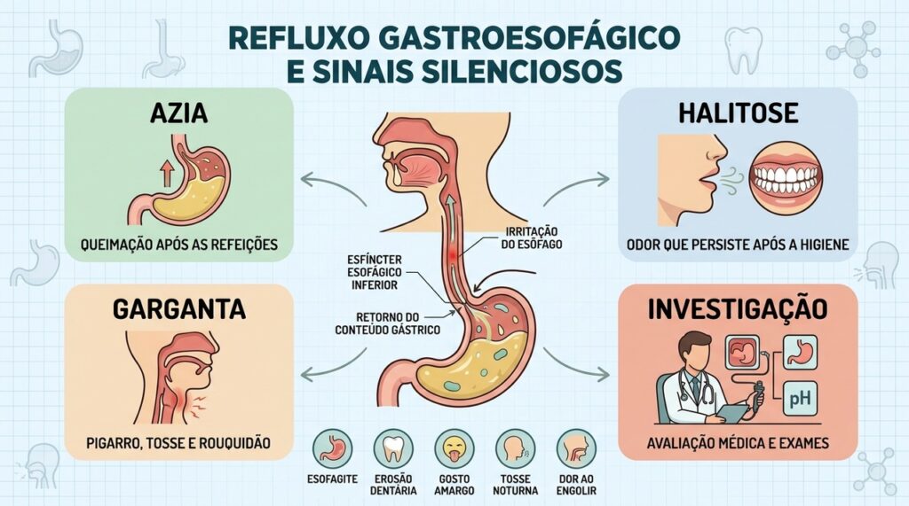Azia, halitose, irritação da garganta e exames ajudam a investigar o refluxo.