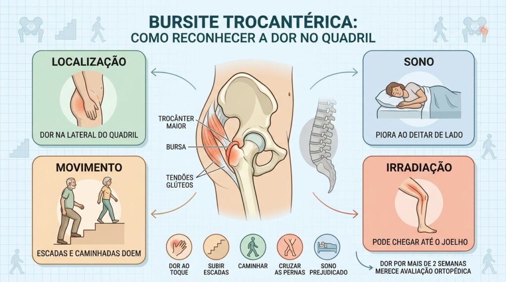 Localização, sono, movimento e irradiação ajudam a identificar a bursite trocantérica.