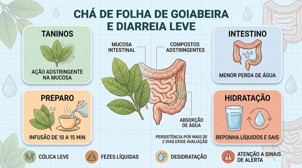 Taninos, hidratação e preparo correto explicam o uso tradicional da folha de goiabeira.