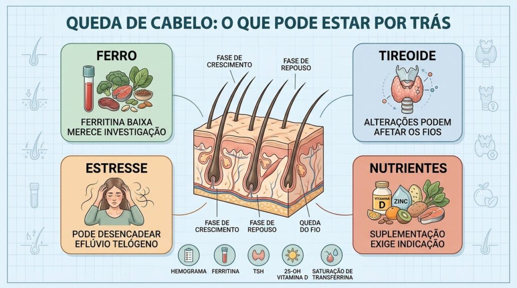Ferro, tireoide, estresse e nutrientes podem participar de diferentes padrões de queda capilar.