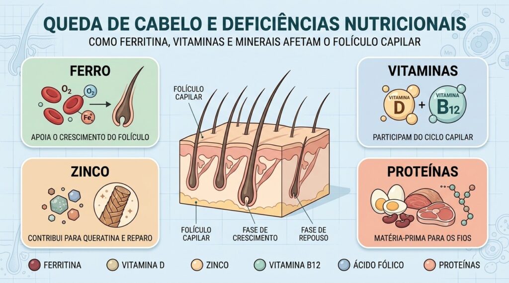 Ferro, vitaminas, zinco e proteínas sustentam o ciclo saudável do folículo capilar.